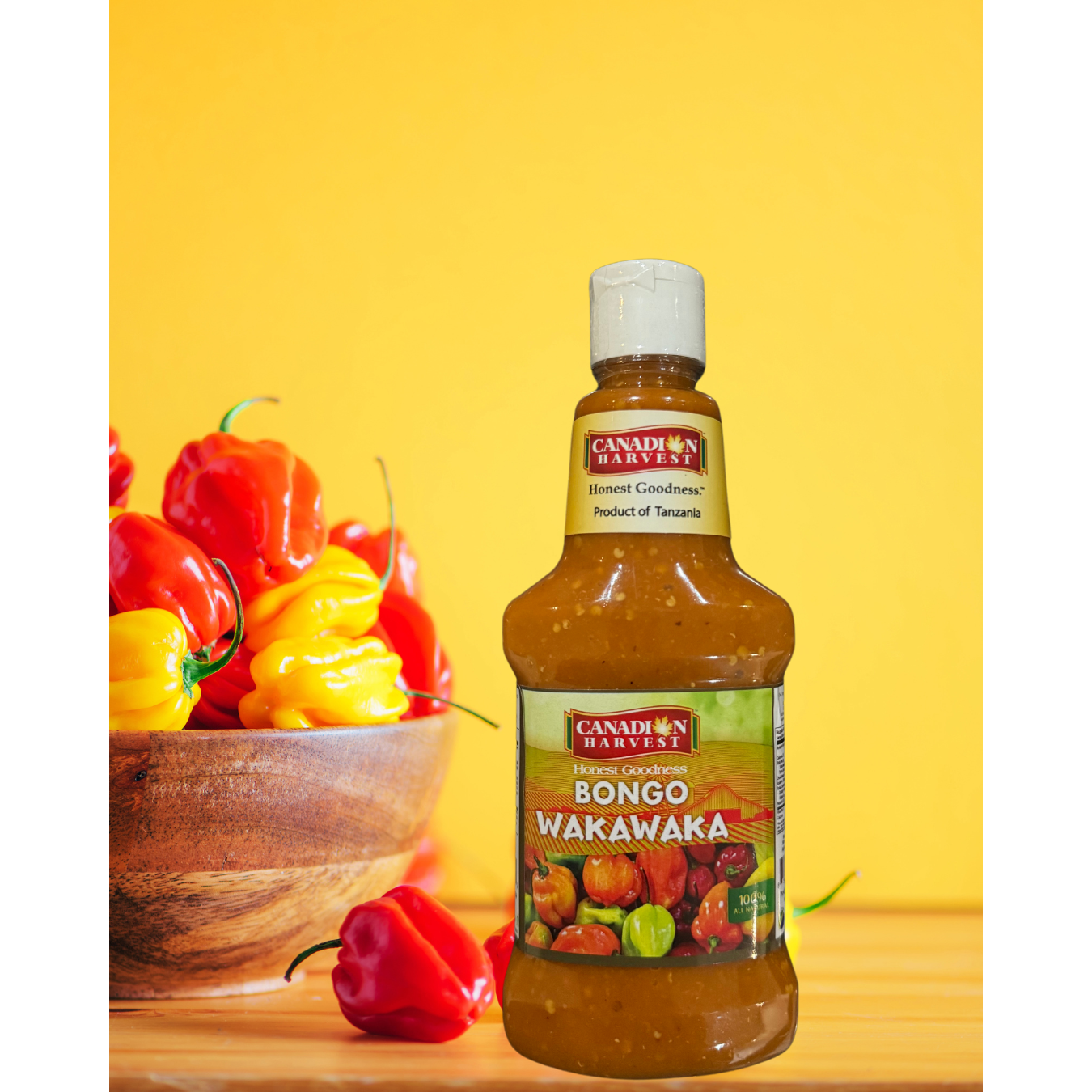 Bongo Wakawaka Hot Sauce Made with Scotch Bonnet Peppers by Canadian Harvest