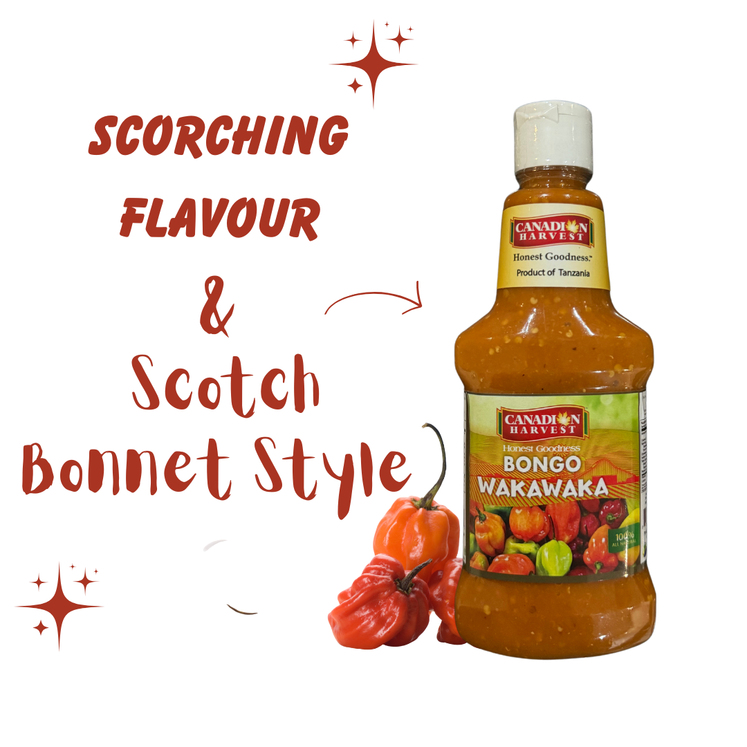 Bongo Wakawaka Hot Sauce Made with Scotch Bonnet Peppers by Canadian Harvest